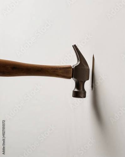 a hammer hitting nail on plain white background photo