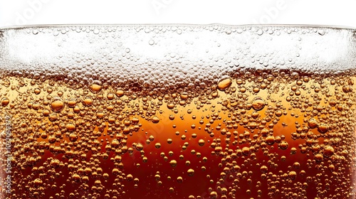 Side view background of refreshing cola flavored soda with bubbles isolated