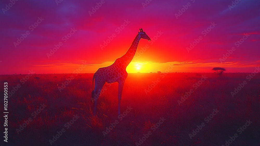 A giraffe stands in a field silhouetted against a vibrant sunset with the sun peeking out from behind its neck. A giraffe stands in a field silhouetted against a vibrant sunset with the sun peeking out from behind its neck.