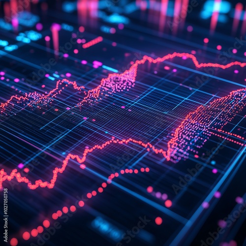 A digital graph displaying financial data, showing a red line rising through blue gridlines.