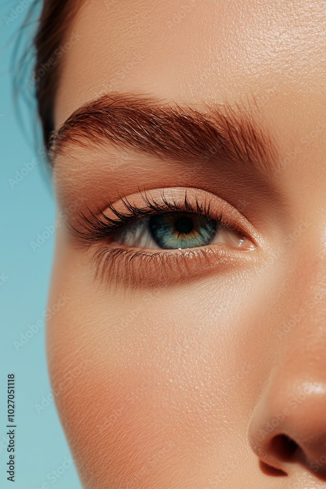 Obraz premium Woman green eye framed by bold brow against light blue background.