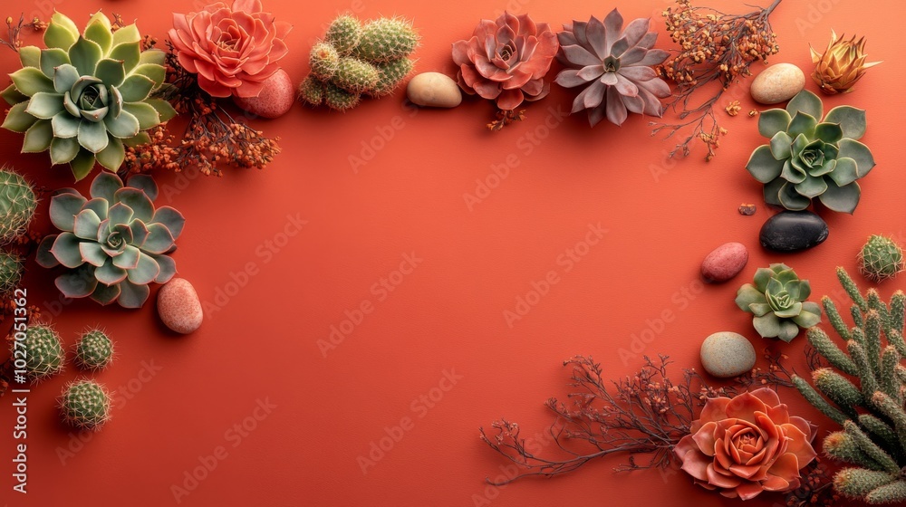 Succulents and Cacti Arrangement on Red Background Succulents and Cacti Arrangement on Red Background