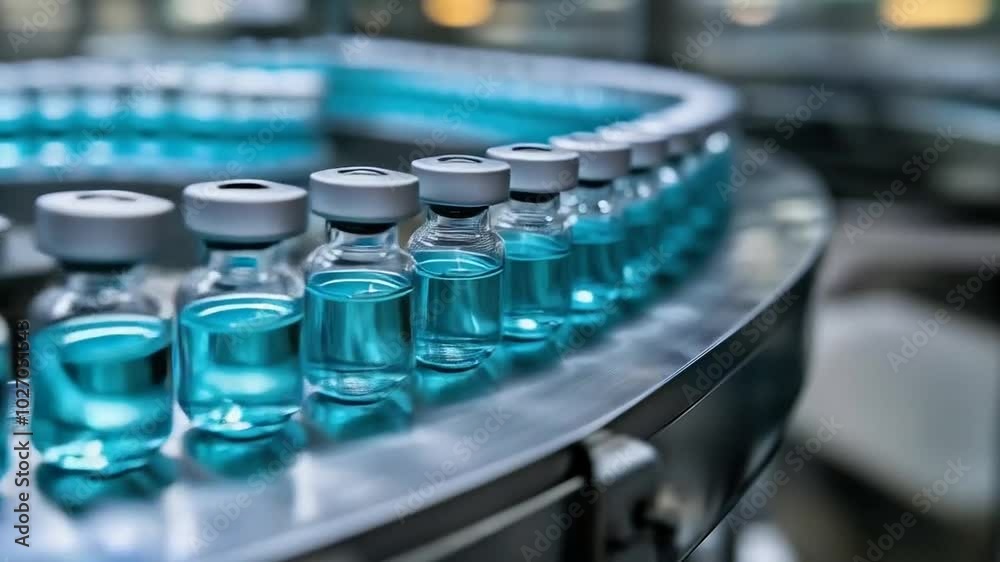 Vaccine Vials Filled with Blue Liquid on Conveyor in Laboratory Setting Vaccine Vials Filled with Blue Liquid on Conveyor in Laboratory Setting