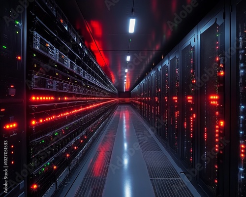 A dimly lit server room filled with blinking lights and technology.