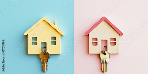 Two house keychains with keys on blue and pink backgrounds symbolize homeownership, real estate between contrasting settings, house choice and investment options concept