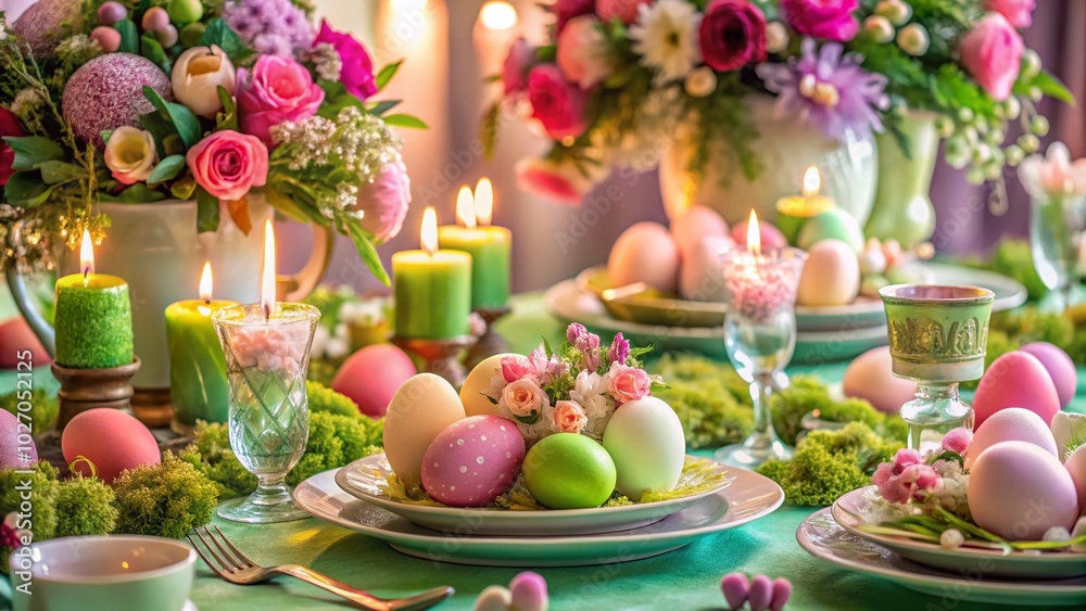 Surreal Easter Table Setting in Pastel Colors with Decorative Eggs and Floral Wreath Centerpiece Surreal Easter Table Setting in Pastel Colors with Decorative Eggs and Floral Wreath Centerpiece