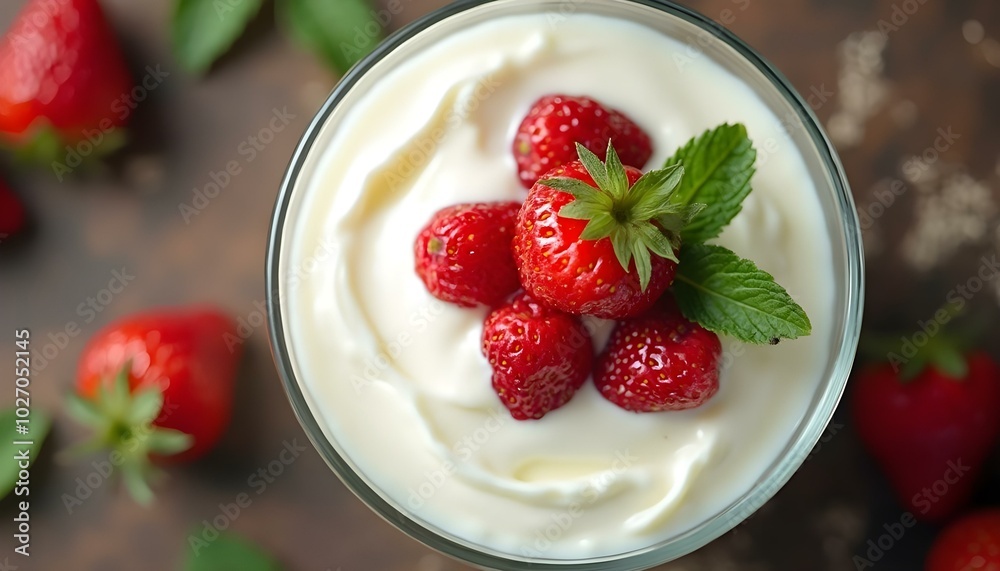 Delicious yogurt with fresh strawberries in glass on table, closeup Delicious yogurt with fresh strawberries in glass on table, closeup