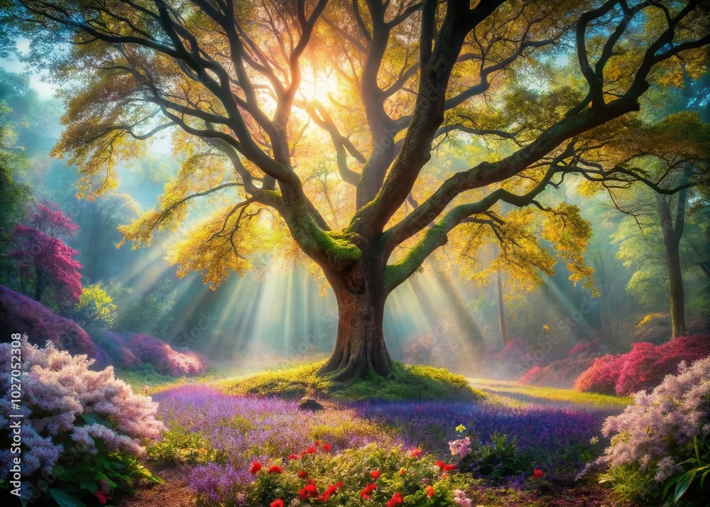 Surreal Enchanted Tree Surrounded by Lush Greenery and Vibrant Flowers in a Dreamlike Forest Scene Surreal Enchanted Tree Surrounded by Lush Greenery and Vibrant Flowers in a Dreamlike Forest Scene
