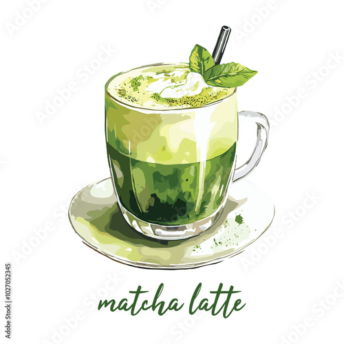 hot matcha latte in watercolor illustration style, isolated vector on white background