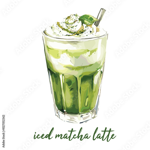 iced matcha latte in watercolor illustration style, isolated vector on white background