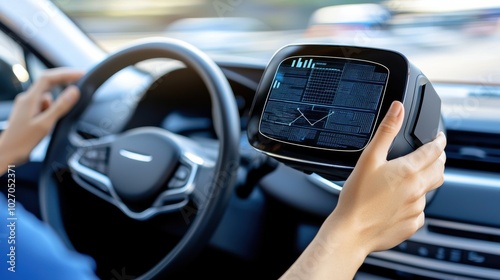 Driver using futuristic dashboard display in car photo