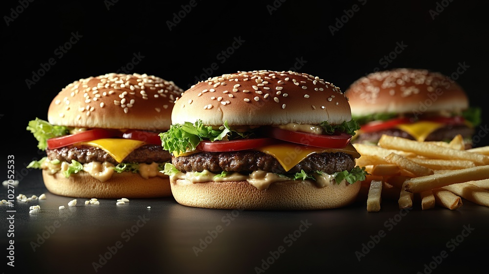 fast food set big hamburger and french fries on black background. fast food set big hamburger and french fries on black background.