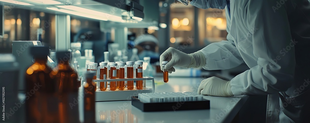 Medical specialist in a bio-lab realistically examining vials and patient samples.