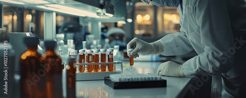 Obraz na płótnie Medical specialist in a bio-lab realistically examining vials and patient samples. w salonie