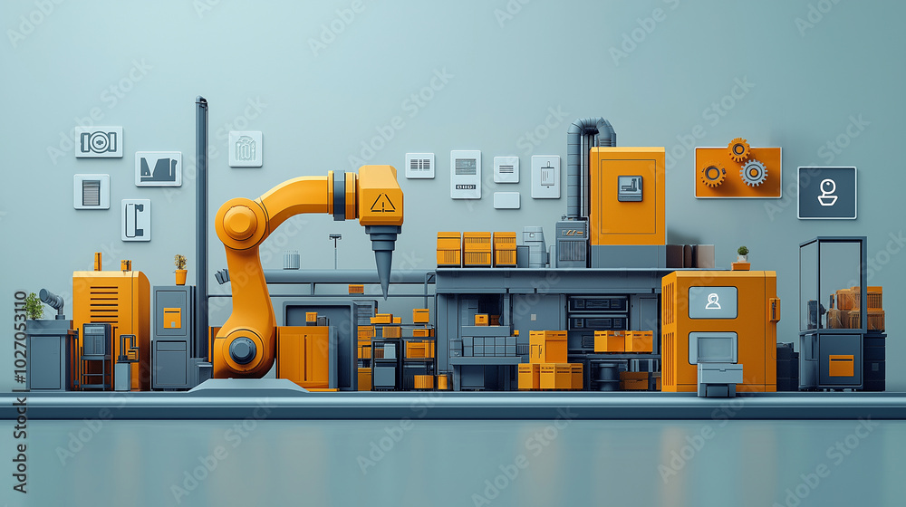 Illustration of robotic arm and gears, equipment and machinery of industrial factory, showing technology and production in factory. Illustration of robotic arm and gears, equipment and machinery of industrial factory, showing technology and production in factory.