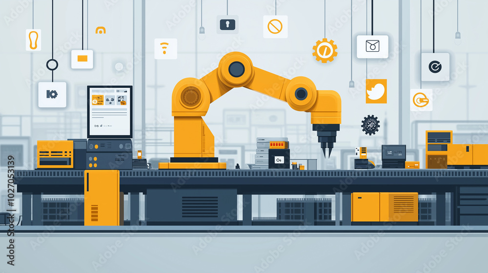 Illustration of robotic arm and gears, equipment and machinery of industrial factory, showing technology and production in factory. Illustration of robotic arm and gears, equipment and machinery of industrial factory, showing technology and production in factory.