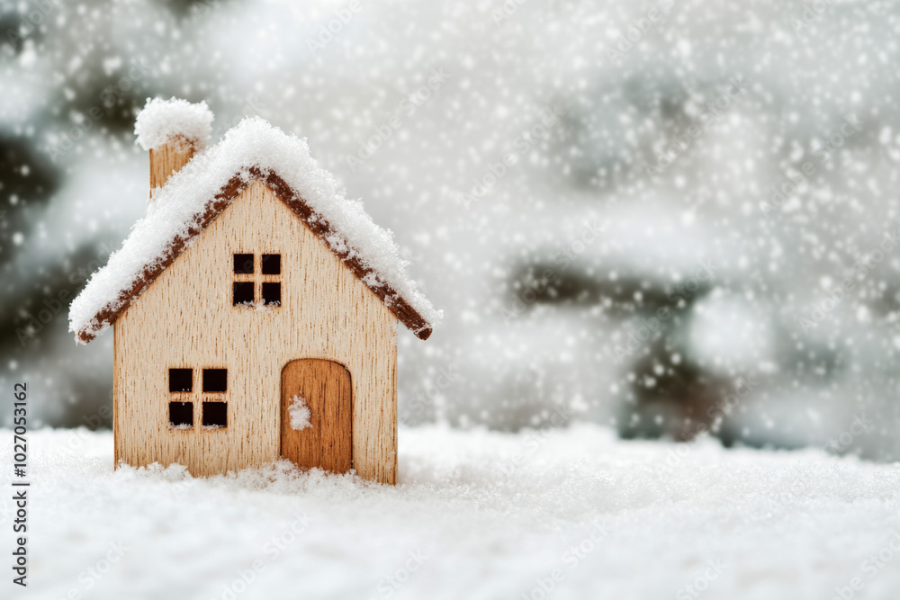 A wooden house covered in snow during a winter snowfall in a serene landscape A wooden house covered in snow during a winter snowfall in a serene landscape