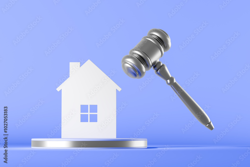 Auction gavel with house on podium, apartment sale concept Auction gavel with house on podium, apartment sale concept