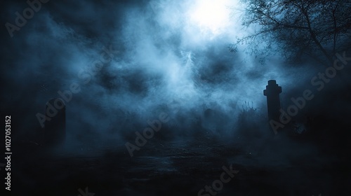 Mysterious Graveyard Under Moonlight Fog