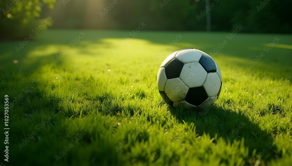 Fototapeta premium Soccer ball on the green grass in the park