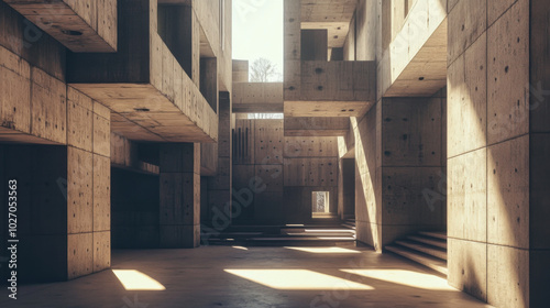 stunning view of brutalist university campus featuring massive blocky concrete structures. interplay of light and shadow creates dramatic atmosphere, highlighting architectural details photo