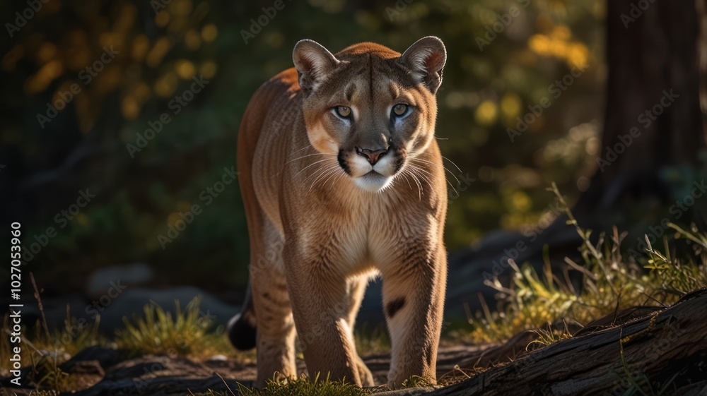Fototapeta premium a majestic cougar, its piercing eyes, and golden brown fur convey an impression of strength and wildness. The dense undergrowth around the cougar adds mystery and attraction.