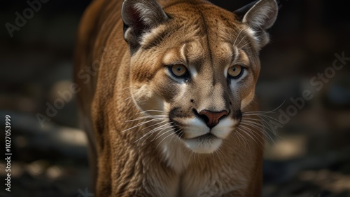 a majestic cougar, its piercing eyes, and golden brown fur convey an impression of strength and wildness. The dense undergrowth around the cougar adds mystery and attraction. photo