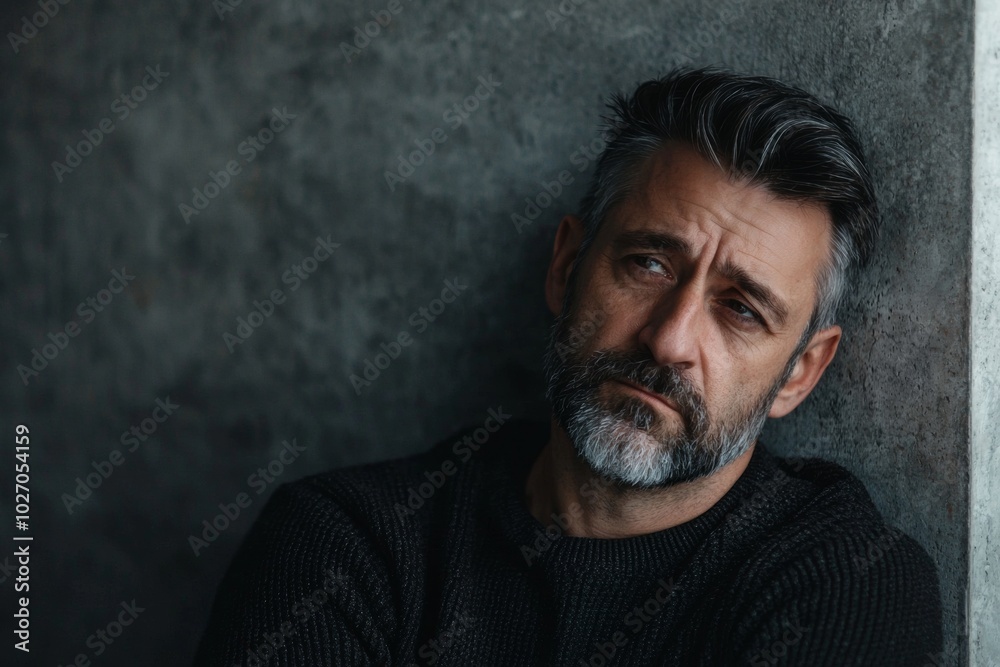 Middle-aged white man with grey hair leaning against a wall with a thoughtful expression. This image conveys emotions of sadness, contemplation, or reflection, ideal for illustrating mental health the Middle-aged white man with grey hair leaning against a wall with a thoughtful expression. This image conveys emotions of sadness, contemplation, or reflection, ideal for illustrating mental health the