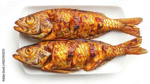 grilled spicy fish isolated on white background, top view