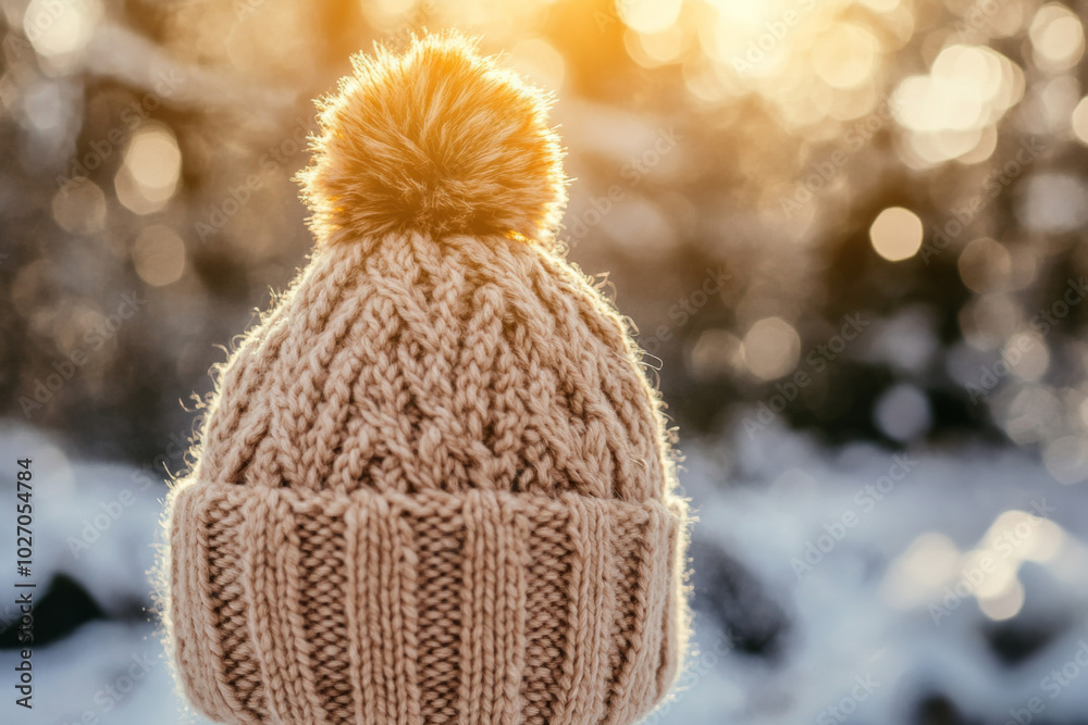Warm knitted hat with pom-pom against a bright winter sunset background Warm knitted hat with pom-pom against a bright winter sunset background