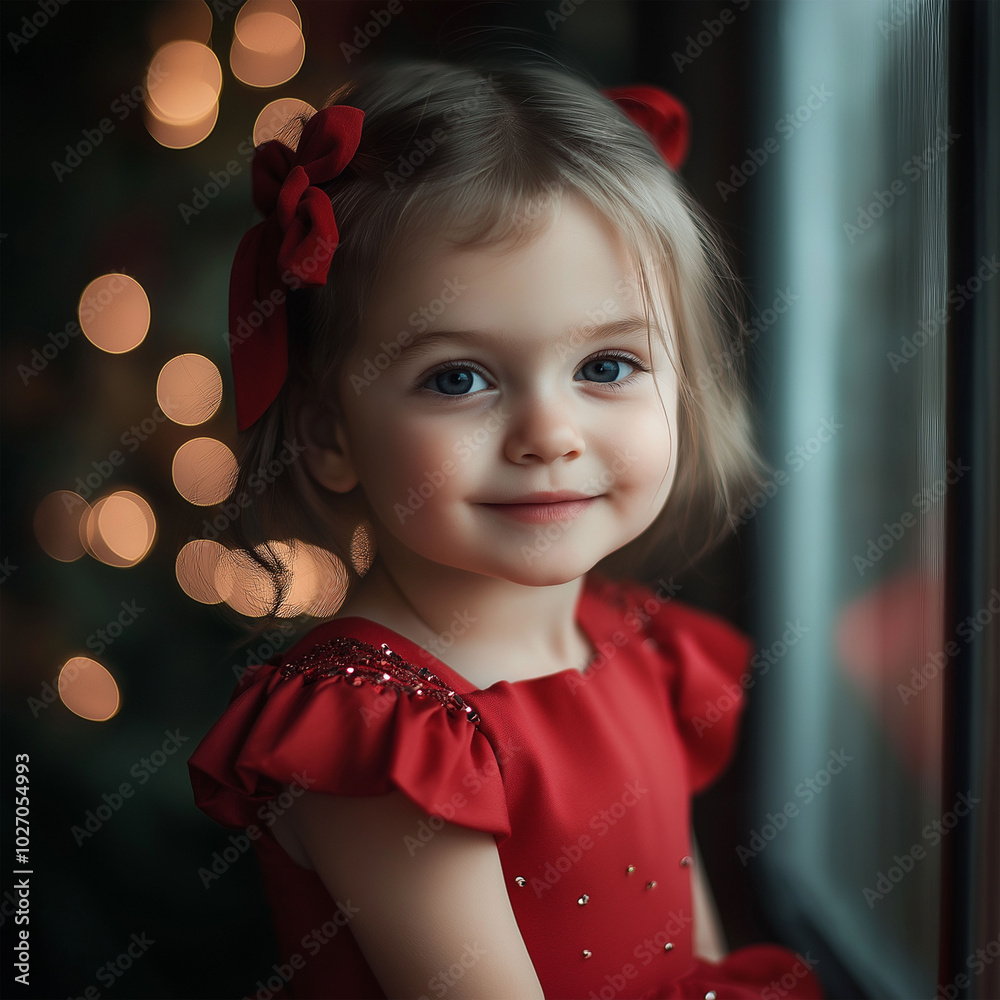 Portrait of a little cute girl in red dress against the background of Christmas Portrait of a little cute girl in red dress against the background of Christmas