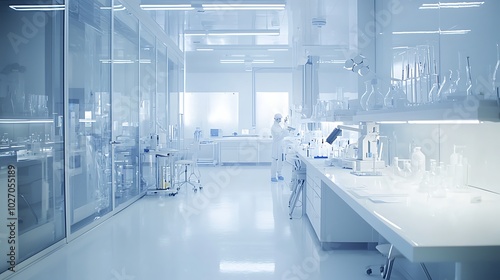 Sleek modern lab interior with sterile white surfaces and high-tech equipment.