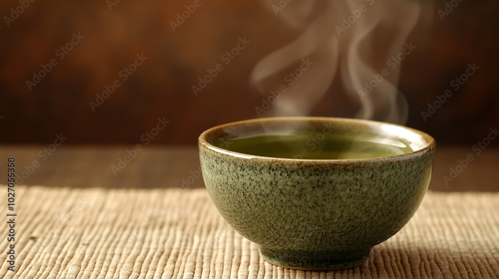 Steaming green tea in a ceramic cup with gentle steam Steaming green tea in a ceramic cup with gentle steam