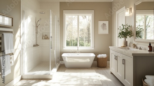 A bright bathroom with neutral tones, a glass walk-in shower, and large windows letting in sunlight.