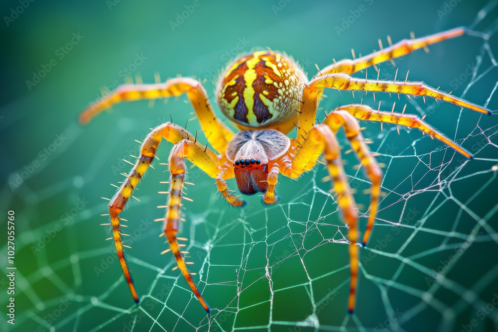 Brightly colored spider weaving its intricate web in a lush green environment Brightly colored spider weaving its intricate web in a lush green environment