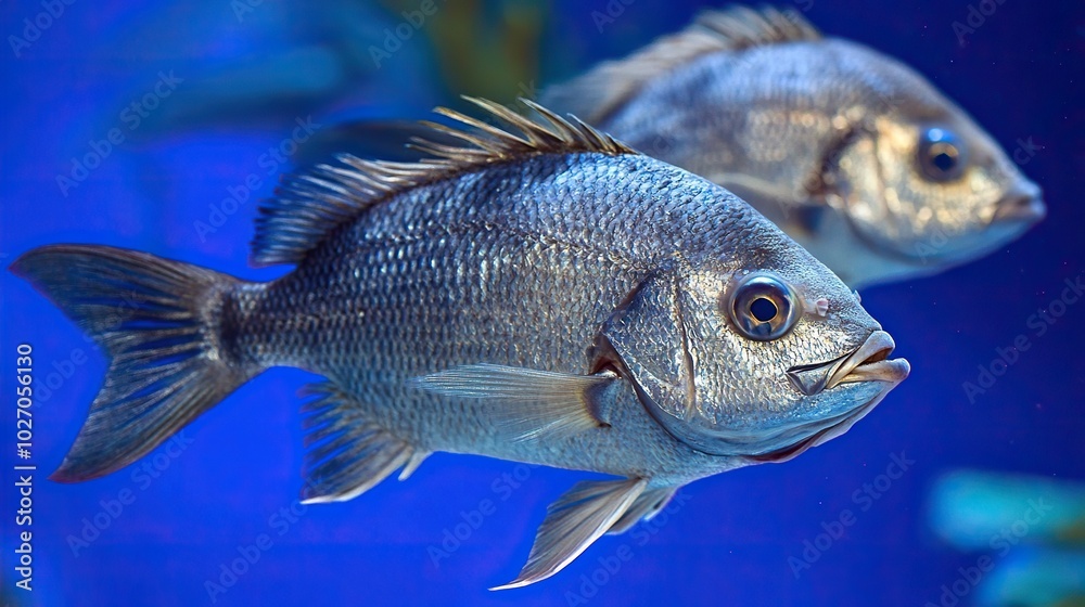 close up of two fresh sea bream fish on blue background close up of two fresh sea bream fish on blue background