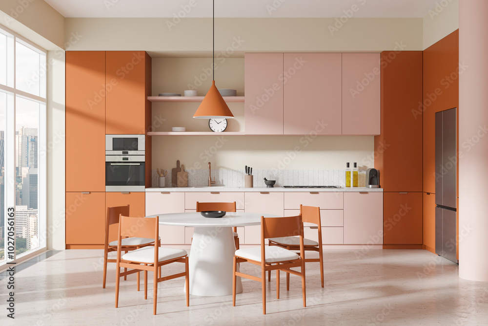 Modern kitchen interior with orange accents and minimalist design. 3D Rendering Modern kitchen interior with orange accents and minimalist design. 3D Rendering