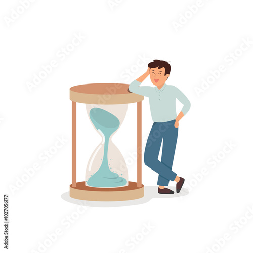 Young man with hourglass, Time Management, hourglass vector illustration.