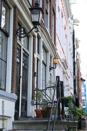 Amsterdam Prinsengracht Canal House Entrance with Steps and Lanterns, Netherlands