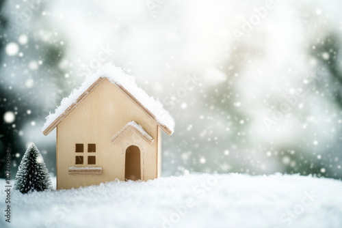 A small model house covered in snow during a peaceful winter snowfall