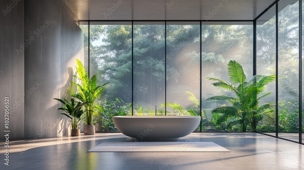 A minimalist bathroom with large windows, soft natural light, and plants adding a pop of color A minimalist bathroom with large windows, soft natural light, and plants adding a pop of color