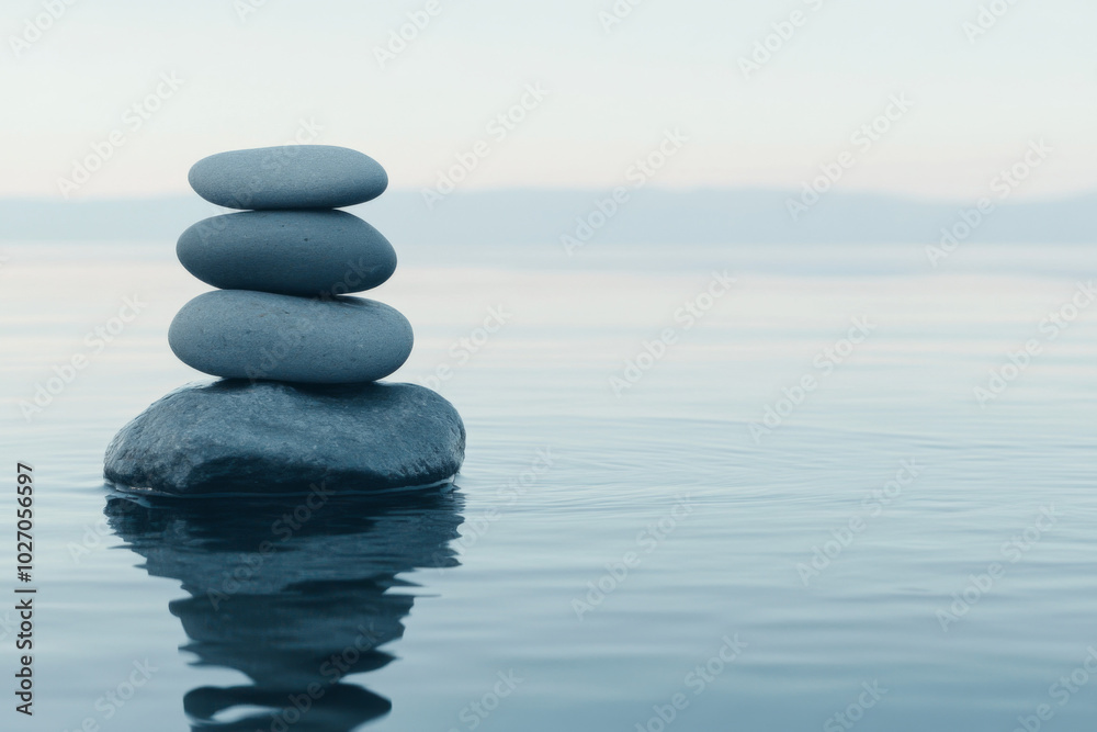A tranquil stack of stones balancing on the calm water in serene light A tranquil stack of stones balancing on the calm water in serene light