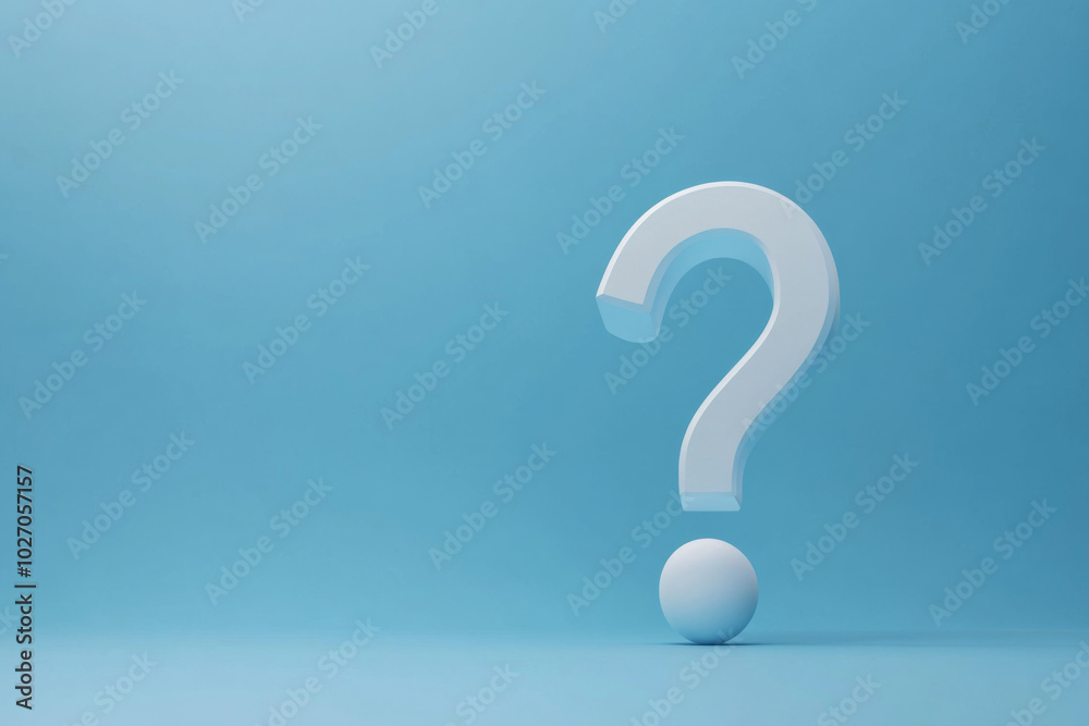 A large white question mark stands on a blue background in a studio setting A large white question mark stands on a blue background in a studio setting