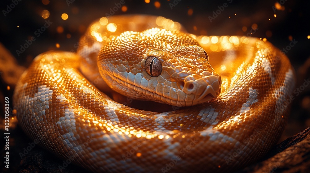 A close-up of a golden python with a blurred background of warm light. A close-up of a golden python with a blurred background of warm light.