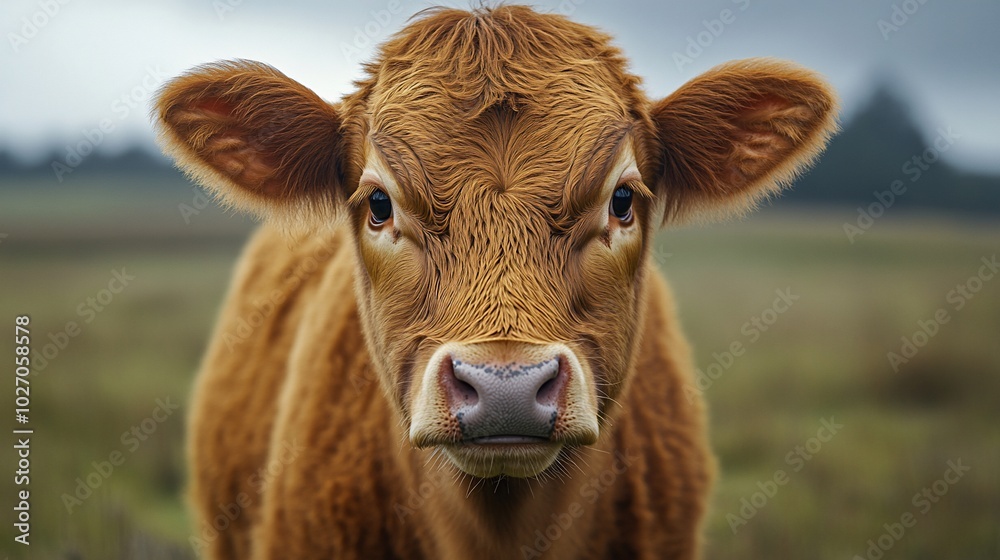 A close-up portrait of a brown calf looking directly at the camera with a serious expression, standing in a field of green grass. A close-up portrait of a brown calf looking directly at the camera with a serious expression, standing in a field of green grass.