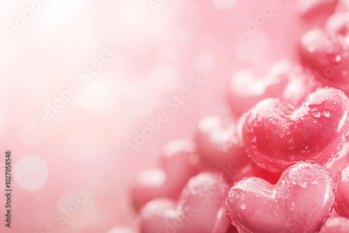 Heart-shaped decorations glimmer in soft pink light during the celebration