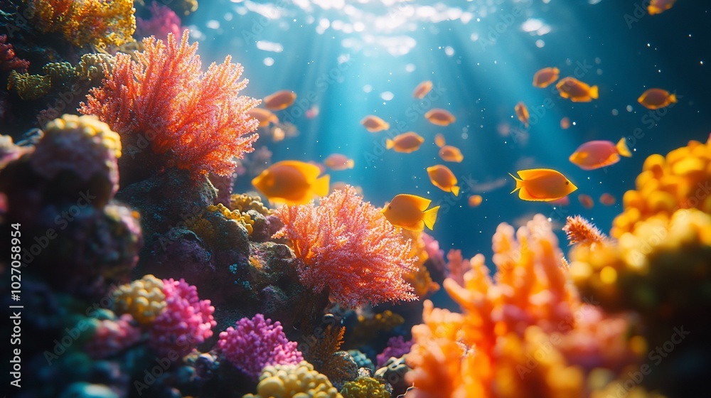 Fototapeta premium A vibrant coral reef with colorful fish swimming through sunbeams in the clear blue water.