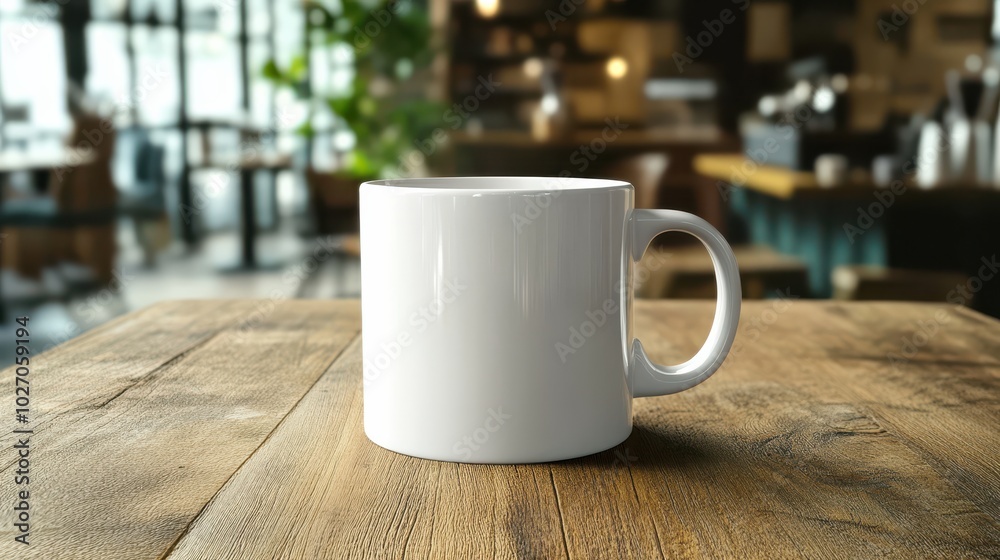 White mug on wooden table in coffee shop White mug on wooden table in coffee shop