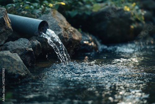 Wallpaper Mural Water flows from a pipe into a serene stream surrounded by greenery Torontodigital.ca