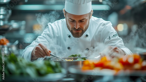 chef in a busy restaurant kitchen, wearing a white uniform and hat, preparing a gourmet dish with steam rising from pots and pans, surrounded by fresh ingredients and cooking tools
